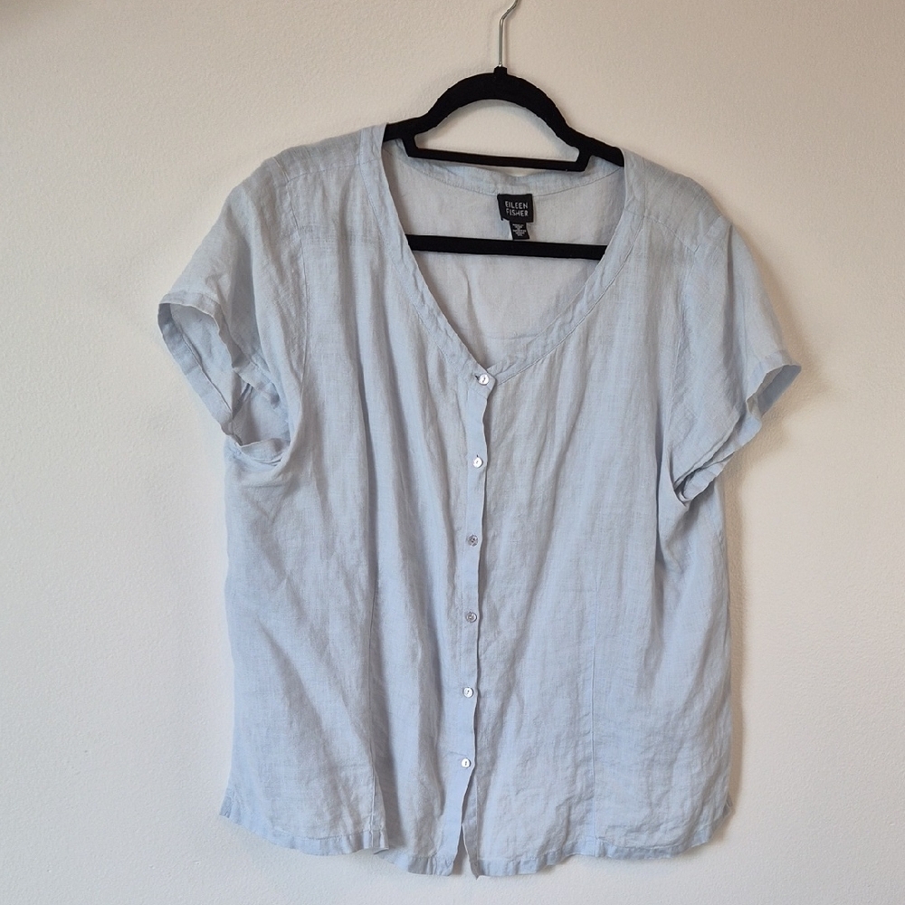 Eileen Fisher | 100% Irish linen Light Blue Button-Up Blouse Sz XL - Picture 1 of 8